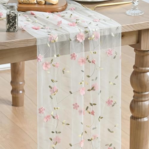 Artoid Mode Pink 3D Flower Gauze Embroidery Table Runner 120 Inch 10FT, Tulle Seasonal Spring Kitchen Dining Holiday Table Decor for Home Party - color: White-pink