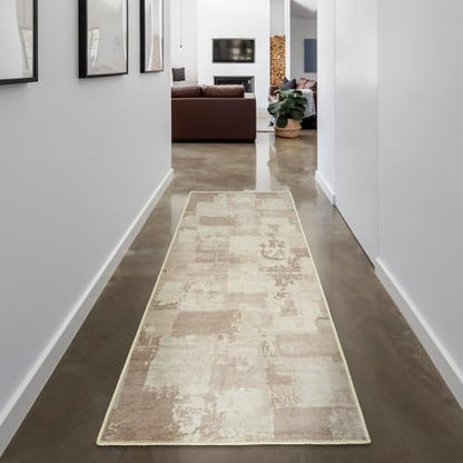 GLN Rugs Bohemian - Troy - Machine Washable Runner Rug, Boho Washable, Non Slip, Low Pile Chenille Area Rug, Hallway, Bedroom, Kitchen Rug - Easy Clean (2'6" x 10' Abstract Tan) - color: Abstract Tan, size: 2'6" x 10' (Runner)