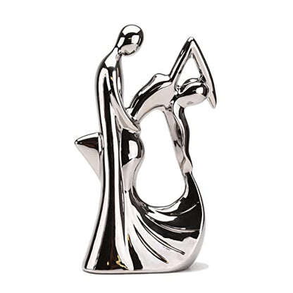 Romantic Couple Dancing Sculpture, Silver Electroplated Ceramic, 11in(H) | Abstract Modern Statue, Smooth Finish, Home Shelf Desk Decoration, Wedding Gift, Collectible Figurine