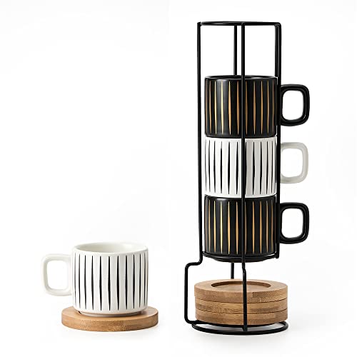 LUKA Porcelain Espresso Cup with Saucer and Metal Stand, 4 Ounce Stackable Ceramic Demitasse Espresso Mugs Cups Set for Latte, Specialty Coffee Drinks, Cafe Mocha,Tea - Set of 4, White & Black - color: Black & White Stripes