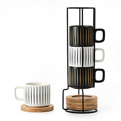LUKA Porcelain Espresso Cup with Saucer and Metal Stand, 4 Ounce Stackable Ceramic Demitasse Espresso Mugs Cups Set for Latte, Specialty Coffee Drinks, Cafe Mocha,Tea - Set of 4, White & Black - color: Black & White Stripes