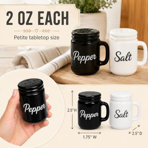Farmhouse Salt and Pepper Shakers Ceramic Mason Jar 2 oz Set with Handles | Petite 2.5-inch tabletop size · Removable bottom plugs · Dishwasher safe