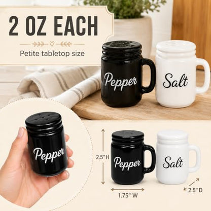 Farmhouse Salt and Pepper Shakers Ceramic Mason Jar 2 oz Set with Handles | Petite 2.5-inch tabletop size · Removable bottom plugs · Dishwasher safe
