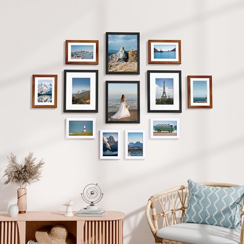 Vittanly 12 Pack Gallery Wall Frame Set, Black, Walnut Brown, White | Gallery Wall Frame Set: 4pcs 8x10, 4pcs 5x7 & 4pcs 4x6 Photos for Wall & Table, Picture Frames made of Engineered Wood - color: Black & Walnut Brown & White