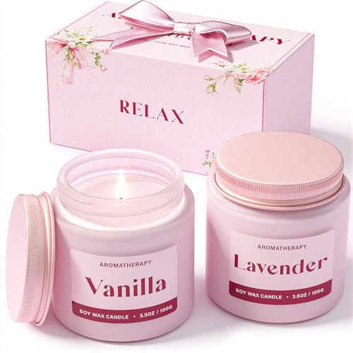 Scented Candles for Women, Soy Candles for Home Scented, Candle Gift Set with Lavender & Vanilla Scents, 2 Pack Aromatherapy Candle for Relaxing, Stress Relief & Home Decor - color: Pink Candle