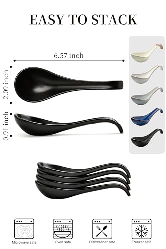 LYEOBOH Soup Spoons, Ceramic Ramen Spoon Set of 6-6.5inch Japanese Spoons | Chinese Spoons with Deep Hook Non-slip, Stackable Korean Spoons Deep for Pho Pasta Cereal, Dishwasher & Microwave Safe, Black - color: Black