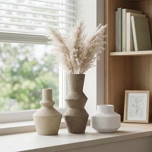 DREAMLOOM Modern Modern Ceramic Vase Set of 3, Brown | Funnel Shaped, Farmhouse Rustic, Pampas Grass, Home Decor, Living Room Bedroom Kitchen Shelf Centerpiece - color: Dark Tea Combo - Funnel-shaped