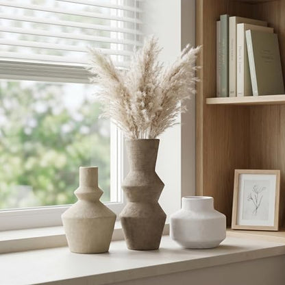DREAMLOOM Modern Modern Ceramic Vase Set of 3, Brown | Funnel Shaped, Farmhouse Rustic, Pampas Grass, Home Decor, Living Room Bedroom Kitchen Shelf Centerpiece - color: Dark Tea Combo - Funnel-shaped