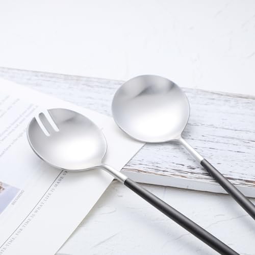 Salad Servers,Spoon and Fork Set 11.41 inch,18/10 Stainless Steel Salad Serving Titanium Plating (black silver) - color: Black/Silver