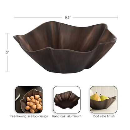 Kate and Laurel Flutte Scalloped Decorative Metal Serving Bowl; 10 x 10 x 3; Bronze; Modern Wavy Fruit Bowl for Kitchen Counter or Use as Tabletop Storage for an Entryway Table
