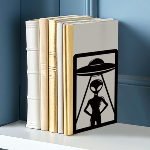 Alien Theme Bookends for Shelves, Spaceships and Aliens Book Ends Decorative Books Desk Organizer Book Stoppers to Hold Books Heavy Duty, Unique Bookshelf Decor for Home Decor - style: Alien