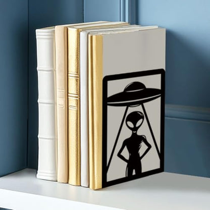 Alien Theme Bookends for Shelves, Spaceships and Aliens Book Ends Decorative Books Desk Organizer Book Stoppers to Hold Books Heavy Duty, Unique Bookshelf Decor for Home Decor - style: Alien