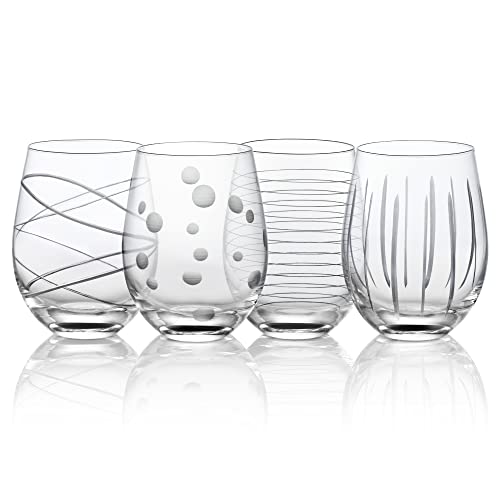 Joeyan Hand Blown Etched Stemless Wine Glasses with Dots Strips Pattern for Red Wine,Large Carved Drinking Glass Cups Tumblers for Wedding Anniversary Party Home,Set of 4,17.5 oz - color: Etched Dots Swirls Strips Patterned