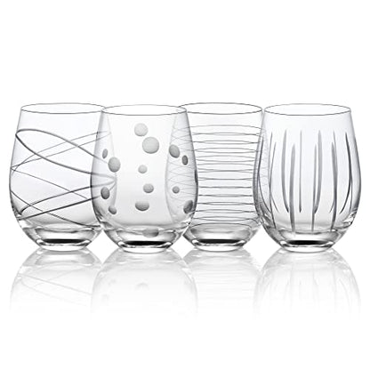 Joeyan Hand Blown Etched Stemless Wine Glasses with Dots Strips Pattern for Red Wine,Large Carved Drinking Glass Cups Tumblers for Wedding Anniversary Party Home,Set of 4,17.5 oz - color: Etched Dots Swirls Strips Patterned
