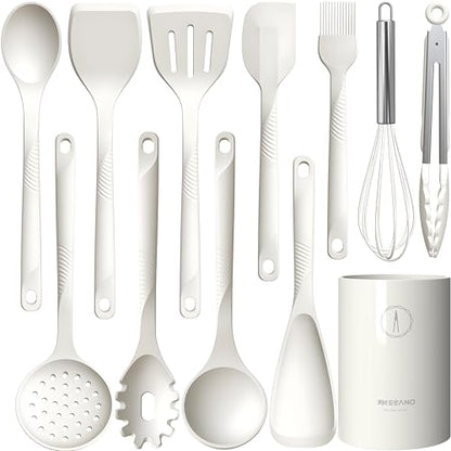 Silicone Cooking Utensils Set - 600°F Heat Resistant, Nonstick Kitchen Utensil Set with Spatulas, Spoons, Whisk, Tongs, BPA Free, Dishwasher Safe, Cream White - color: Cream White