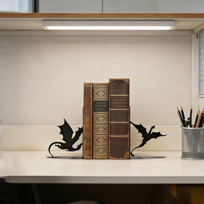 Dragon Metal Bookends for Shelves, Gothic Black Metal Decorative Book Ends, Heavy Duty Book Stoppers for Home Office Desk, Ideal Gift for Dragon Lovers & Book Lovers - style: Dragon