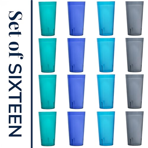US Acrylic Cafe Plastic Reusable Tumblers (Set of 16) 20-ounce Water Cups Coastal Colors | Restaurant Style Drinking Glasses Value Set, Stackable, BPA-free, Made in the USA | Top-rack Dishwasher Safe - color: Coastal, size: 20 ounces