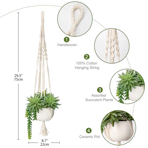 Briful Artificial Hanging Succulents in Ceramic Pot 29.5'' Fake String of Pearl Hanging Plants with Boho Hanging Macrame Planter for Home Office Bedroom Living Room Wall Hanging Decor