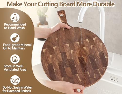 XINZUO Acacia Wood End-Grain Round Cutting Board with Handle for Kitchen Bread Pizza Cheese Fruit Charcuterie Serving Cutting Board, Two-sided Use, 16.7 x 12.5 x 0.75 inches - size: 16.7"L x 12.5"W