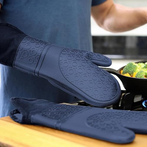 BPA-Free Soft Silicone Oven Mitts - Ultra Heat Resistant Oven Mitts with Thick Cotton Liner - Extra Long Slip Resistant Pot Holders, Flexible Oven Gloves - Navy 14.7" - color: Navy Blue, size: 2-Piece 14.7" Oven Mitts