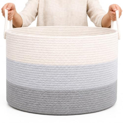 OrganiHaus Round Toy Basket & Blanket Basket, Cotton Rope 20x13" | 3-Toned Gray - Round Cotton Rope Basket, 20x13" - color: 3-toned Gray, size: Wide