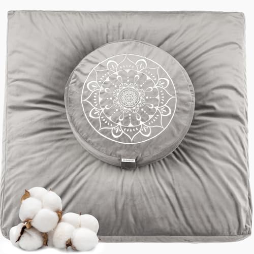Hihealer Meditation Cushion, Traditional Tibetan Meditation Pillow Velvet Cover - Large Floor Cushion Seating for Adults - Yoga Buckwheat Bolster for Women、Moms - color: Sliver Grey(set)