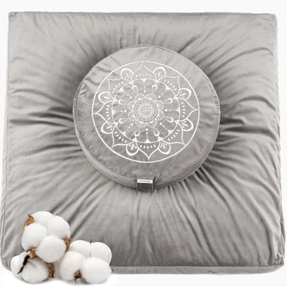Hihealer Meditation Cushion, Traditional Tibetan Meditation Pillow Velvet Cover - Large Floor Cushion Seating for Adults - Yoga Buckwheat Bolster for Women、Moms - color: Sliver Grey(set)