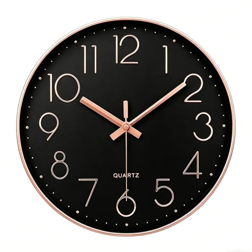 Rose Gold Wall Clock for Grils Womens Silent Non-Ticking Clock Decorative for Bedroom Office - color: Rose&black, size: 12 Inch