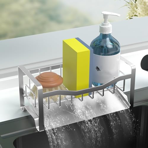 Kitchen Sink Caddy Organizer Sponge Holder for Kitchen Sink with Stainless Steel Auto Drain Tray, Self Drain Dish Soap Sponge Caddy Rack for Countertop Storage Gadgets Silver Grey - color: Silver Grey