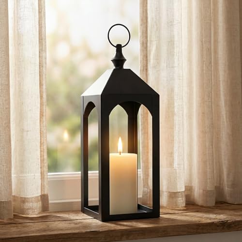 17 Inch Black Metal Outdoor Lantern with Hanging Ring Modern | Farmhouse Candle Lanterns for Porch Patio Fireplace Tabletop Decor No Glass Panel - size: 17Inch