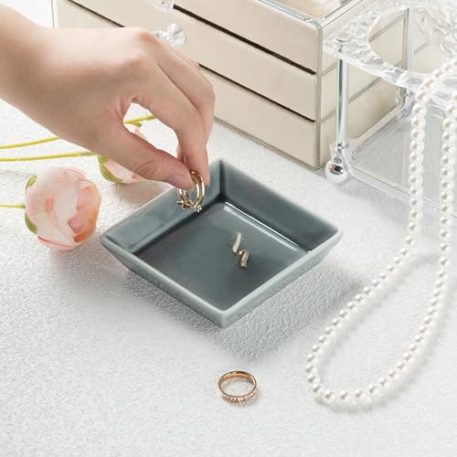 Ceramic Trinket Dish, Small Jewelry Ring Tray, Blue | Glazed ceramic jewelry tray. Stores rings, earrings, necklaces, bracelets. Easy to clean. Perfect for vanity and entryway. - color: Blue Surface
