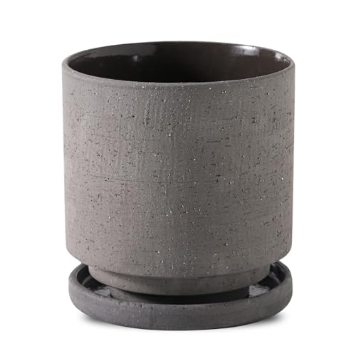 Nihow Ceramic Plant Pot Drainage Hole & Saucer for Indoor Plants, 5.7 Inch | Charcoal Gray, Cylinder Planters, Art Modem Design, Home Garden Patio Office - color: Charcoal Gray, size: 5.7 Inch