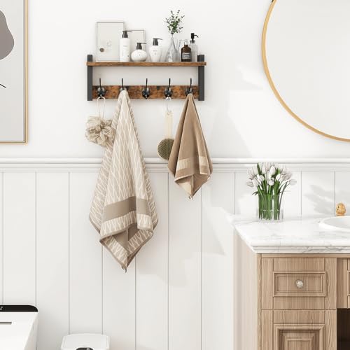 Wall Hooks with Shelf, Wood Coat Rack with Shelf Wall-Mounted, Entryway Hanging Shelves with 5 Metal Hooks for Clothes Hats Towel Purse Robes, Bathroom Mudroom Bedroom, Rustic Brown Black - color: Rustic Brown, size: 17.1 Inch Long