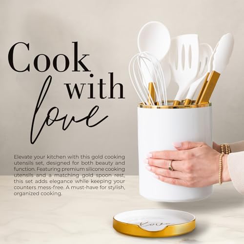 Styled Settings White and Gold Kitchen Utensils with Holder, 8-Piece | Heat Resistant, Nonstick, White Silicone Cooking Utensils Set, Ceramic Utensil Holder & Stackable Gold Spoon Rest - color: 8PC White & Gold