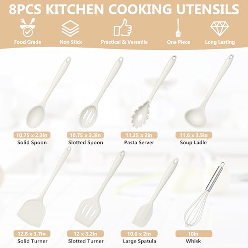 TeamFar Silicone Cooking Utensils Set, 8 PCS Kitchen Utensils Set, White | 446°F Heat Resistant Turner, Spatula, Spoon, Whisk, Kitchen Cooking Gadgets Tools, for Nonstick Cookware, Dishwasher Safe - color: White