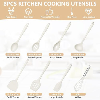 TeamFar Silicone Cooking Utensils Set, 8 PCS Kitchen Utensils Set, White | 446°F Heat Resistant Turner, Spatula, Spoon, Whisk, Kitchen Cooking Gadgets Tools, for Nonstick Cookware, Dishwasher Safe - color: White
