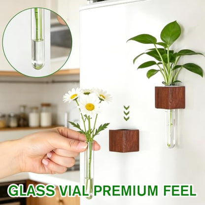 WLLHYF Magnetic Test Tube Flower Vases for Refrigerator Set of 2 Wooden Fridge Magnet Planters with Glass Tubes Propagation Station for Hydroponic Display (No Plant Included)