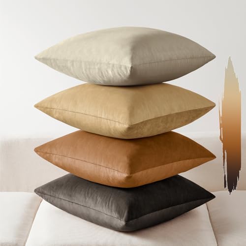 Softalker Velvet Throw Pillow Covers 16x16 Set of 4, Luxury Soft Plush Decorative Pillow Cases, Rich Texture Neutral Modern Cushion Covers for Sofa Couch Bed Home Decor Living Room - Sand Gradient - color: Multi Brown & Beige, size: 16" x 16" (Pack of 4)