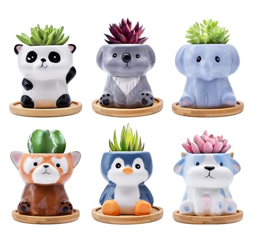 6 Pack Animal Ceramic Succulent Pots with Drainage – Mini Cute Planters with Bamboo Trays for Indoor Plants & Cactus, Adorable Animal Pots for Desk, Office, Home Decor, Gift for Kids & Plant Lovers - style: Adorable Animals