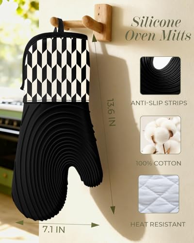 Slohif Long Silicone Oven Mitts Heat Resistant for Women - 2 Pcs Black-White Geometric 100% Cotton Oven Gloves, Non-Slip and Waterproof Silicone Oven Mitts with Hanger for Baking and Cooking - color: Black White Geometric