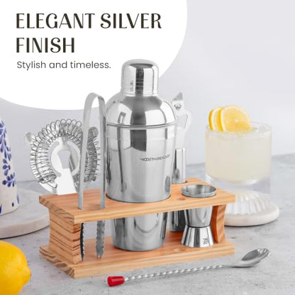 Cocktail Shaker Set - Bartender Kit with Pine Stand | Leak-Proof Design | Includes Martini Shaker, Jigger, Strainer, Spoon, Tongs | Perfect Bar Tools Gift for Home Mixology (Silver) - color: Silver / Light Stand, size: 8 Pieces