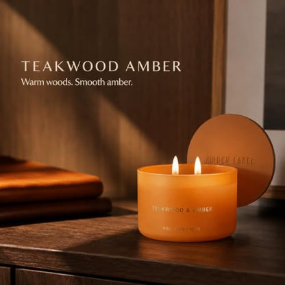 Hidden Label Teakwood Amber Soy Candle, 10 oz 2-Wick | Soy wax jar candle, up to 45 hours, warm woody amber scent for bedroom, office, living room and gifts - color: Teawood Amber