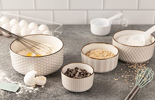 KooK Serving Bowls, with Lids, Ceramic Nesting Bowls, Set of 4, Embossed, Kitchen, Prep, Stackable, Gift, Microwave and Dishwasher Safe, 10/16/29/47 oz, Narbonne Collection (Ivory) - size: 47 Oz