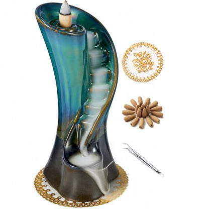 Unique Cloud Stairs Ceramic Waterfall Incense Holder, Paired with a Pack of Backflow Incense Cones. (Blue) - color: Blue
