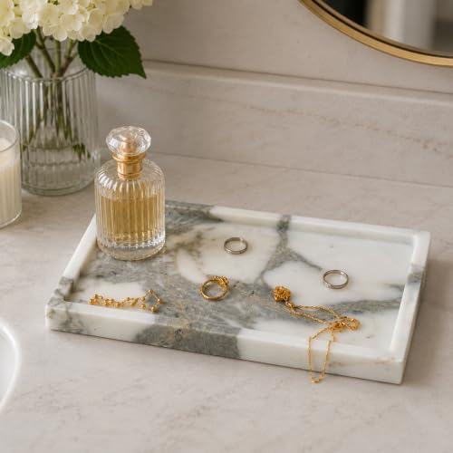 Arabescato Marble Vanity Tray, 9.8"x5.9" | Genuine Marble Stone Tray for Bathroom/Kitchen/Dresser - color: Marble Tray-arabescato