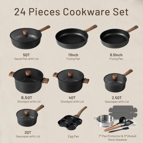 CAROTE 24pcs Nonstick Cookware Sets, Pots and Pans Set | Titanium Infused, Ultra Durable, Fast & Even Heating, Easy Clean, All-Stovetop Compatible, with 6.5-Qt Stockpot & Egg Pan - color: Black, size: 24 PCS