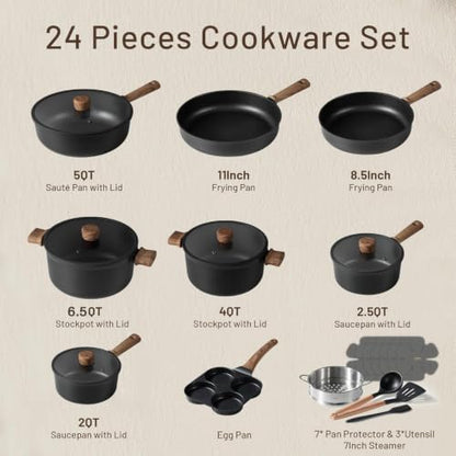 CAROTE 24pcs Nonstick Cookware Sets, Pots and Pans Set | Titanium Infused, Ultra Durable, Fast & Even Heating, Easy Clean, All-Stovetop Compatible, with 6.5-Qt Stockpot & Egg Pan - color: Black, size: 24 PCS