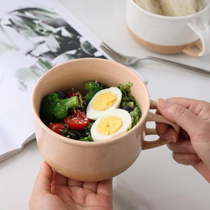 GBhome Ceramic Soup Mugs with Handles and Lids,24 OZ Soup Cups Set of 2 | Terracotta Underside,Mug Bowls with Spoon for Soup/Cereal/Salad/Noodles/Ramen/Microware &Dishwasher Safe-White &Peach - color: White &Peach