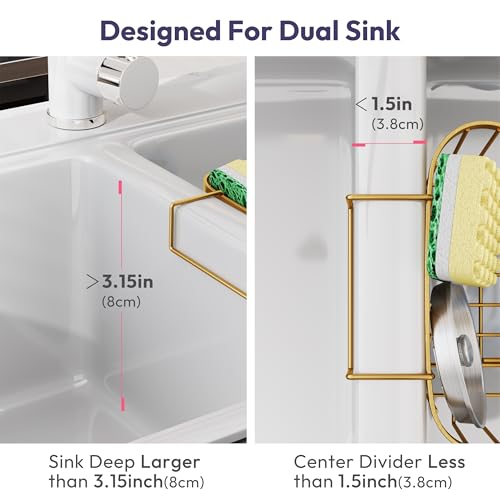 SWTYMIKI Sponge Holder for Kitchen Sink - Movable Kitchen Sink Caddy with M Shape Hook, Stainless Steel Hanging Sponge Caddy for Dish Sponge, Brush, Stopper Organizer in Double Sink, Gold - color: Gold-regular