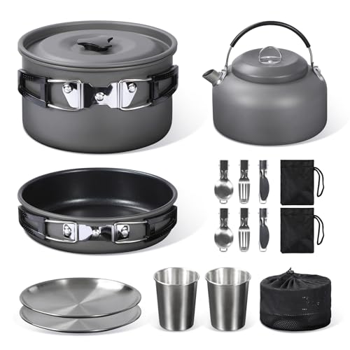 REDCAMP 6/10/11/12/14/15/19 PCS Camping Cookware Mess Kit Camping Gear Campfire Utensils Lightweight Stackable Pot Pan Bowls Soup Spoon with Storage Bag for Camping, Backpacking, Outdoor Cooking - style: Grey,16pcs W/Kettle